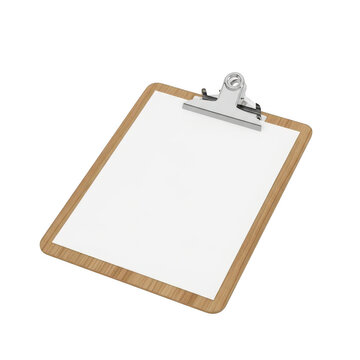 Wooden clipboard with a blank white paper sheet isolated on white background