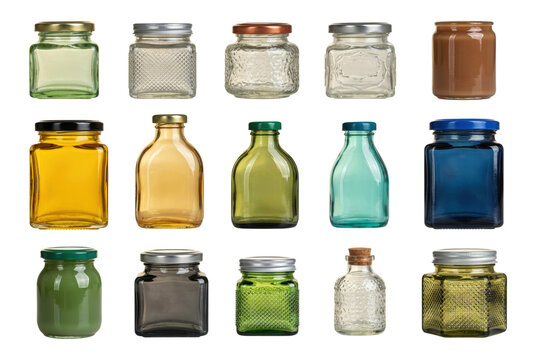 Collection of various empty and filled glass jars and bottles with metal lids arranged in a grid pattern isolated on a transparent background