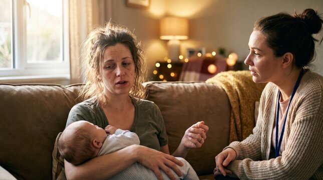 Tired mother with newborn baby speaking to community midwife or healthcare worker during home consultation