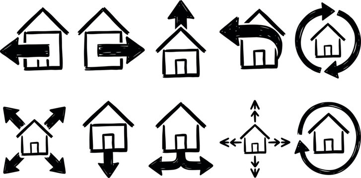 Set of simple house icons with arrows indicating movement and direction