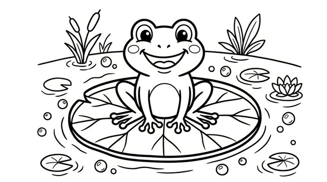 A cheerful cartoon frog sits happily on a large lily pad surrounded by water bubbles and aquatic plants in a serene pond setting