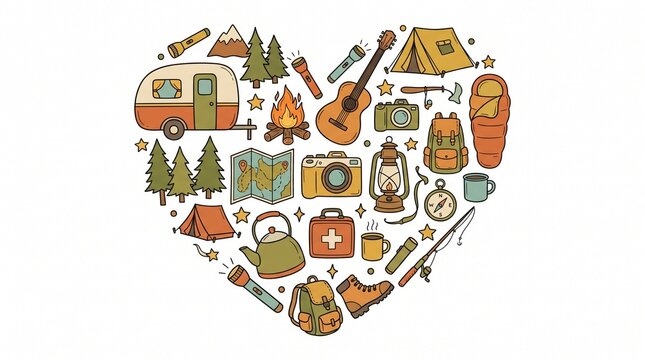 Camping Icons Arranged in Heart Shape on White Background 