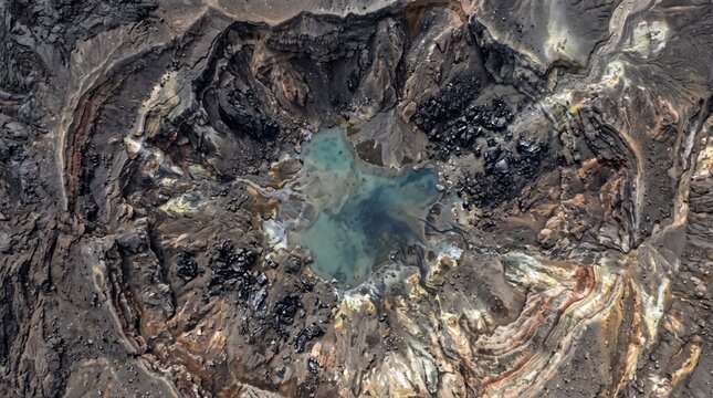 Aerial view of a volcanic crater with a central turquoise pool, surrounded by dark jagged lava rocks, mineral deposits, and layered earth textures in a rugged, barren landscape