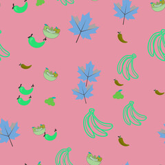 Obraz premium Seamless pattern of fruits and blue maple leaves
