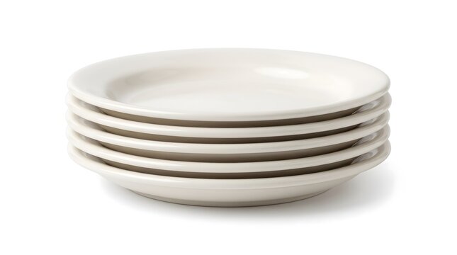 Stack of clean white ceramic dinner plates isolated on white background