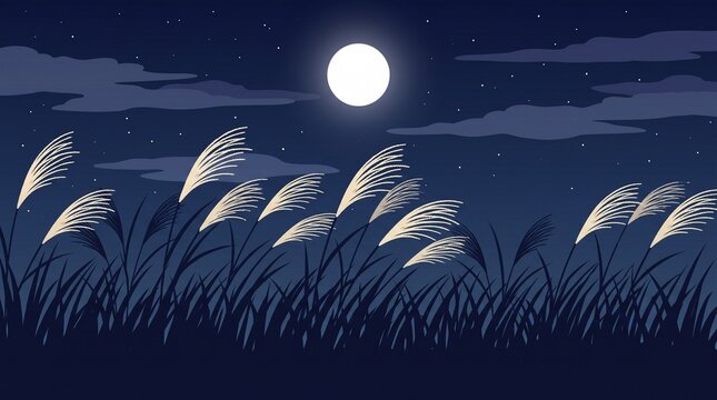 Japanese pampas grass field under full moon vector illustration 