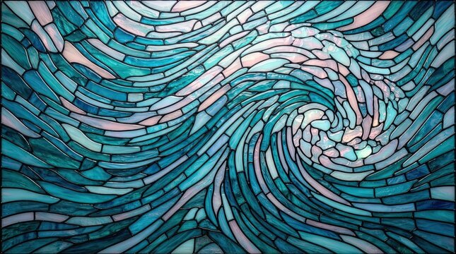 Abstract blue and green stained glass pattern with wavy flowing mosaic shapes