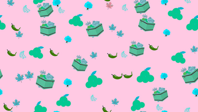 Seamless pattern of fruits, vegetables, and leaves