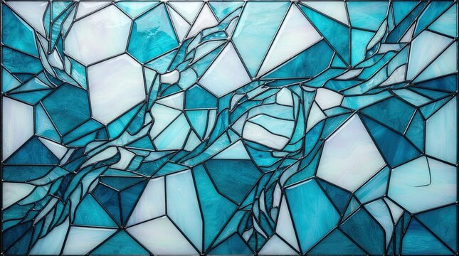 Abstract geometric blue stained glass pattern with mosaic shapes and dark lines