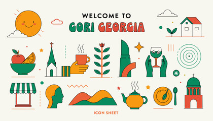 Fototapeta premium Welcome to Gori Georgia, icon set with tourism symbols