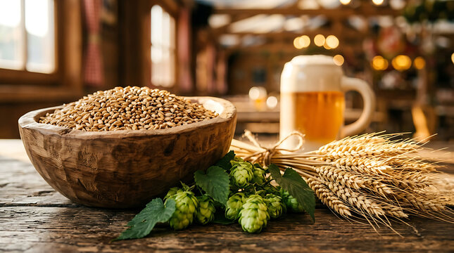 Ingredients for brewing beer: barley hops and wheat on a rustic wooden table.