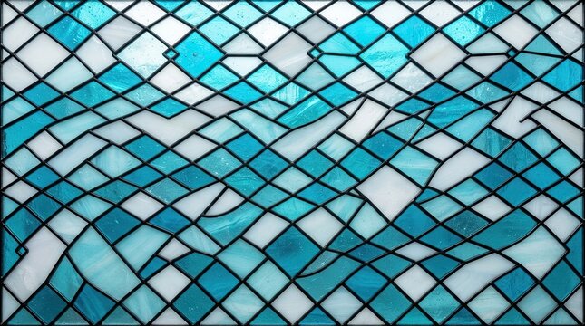 Abstract blue stained glass pattern with diamond shapes and geometric mosaic design