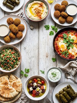 Middle Eastern food feast with hummus falafel and shakshuka
