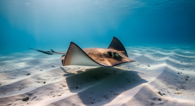 Stingray swimming over the sandy ocean floor