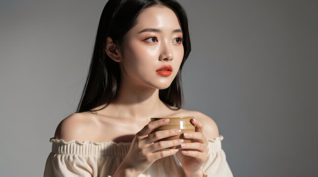 Asian woman holding a small ceramic tea cup with both hands while posing gracefully against a neutral grey background.