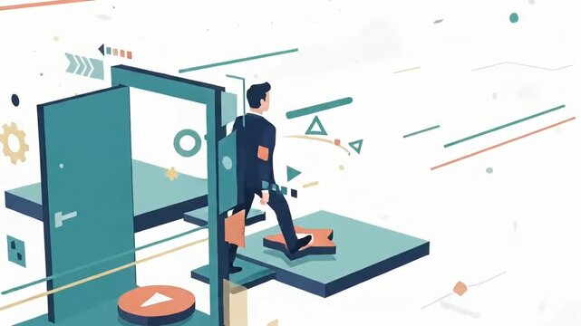 Flat Design Animation of Businessman Walking on Winding Road, Opening Door of Opportunity, and Reaching Career Success Goal.