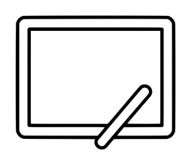 Traditional school writing slate vector icon showing a rectangular framed chalkboard tablet with an empty writing surface and a cylindrical chalk stick stylus lying on a white backdrop © Sonjoy