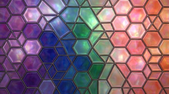 Abstract colorful hexagon mosaic pattern with bright glowing light effect