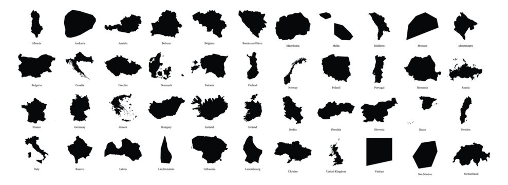 Collection of black silhouettes of european countries maps