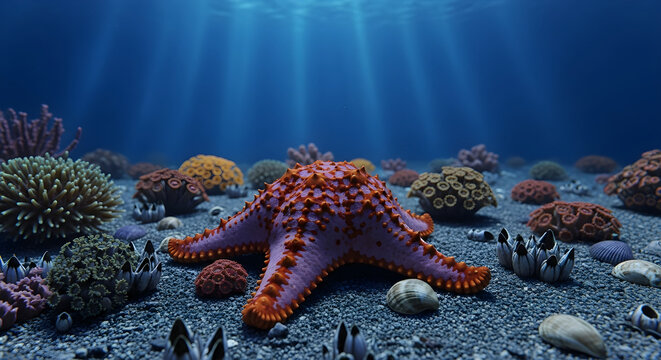 Colorful starfish on a dark blue ocean floor with coral