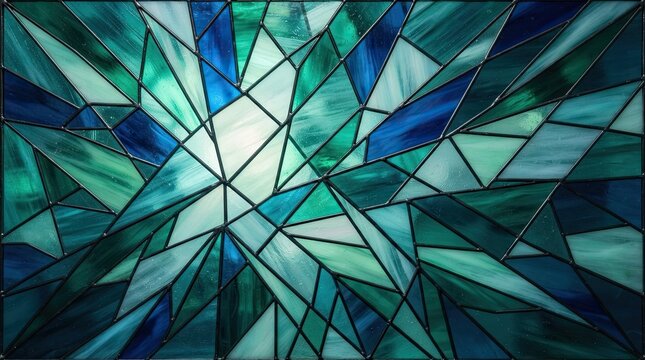Abstract geometric mosaic pattern with bright blue and green crystal glass shards