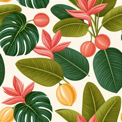 Tropical leaves and flowers seamless pattern with monstera, pink blooms, and fruit on cream background © Georgii