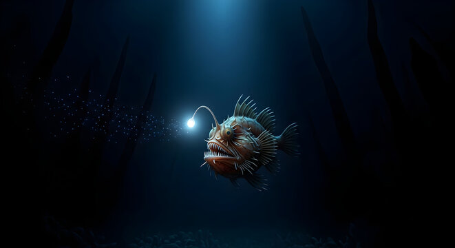Scary anglerfish glowing in the dark deep ocean