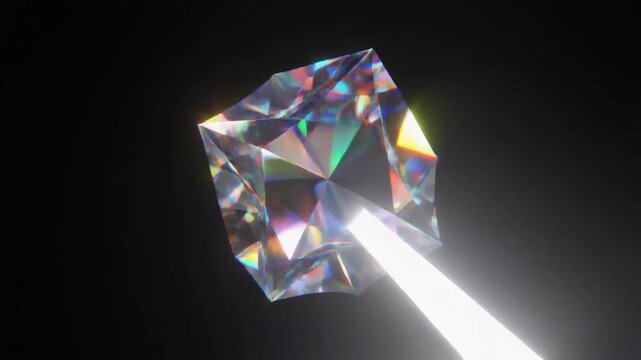 Shining diamond cube prism refracting light beam on black background