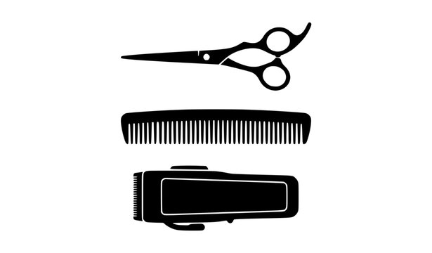 Black silhouette barber scissors comb and electric shaver arranged vertically on white vector illustration
