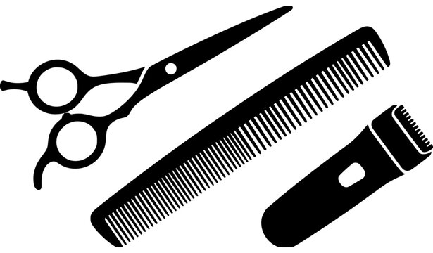 Black silhouette barber scissors styling comb and electric hair shaver diagonal grooming tool vector set