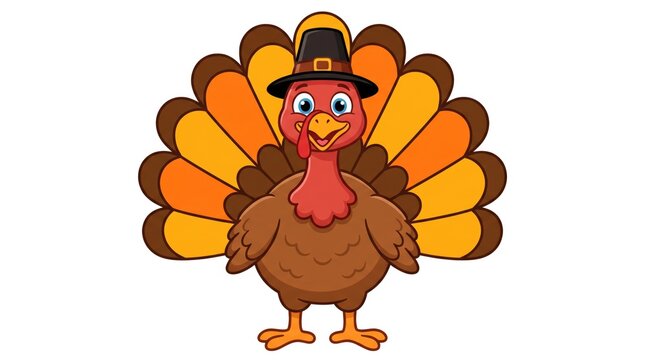 A charming cartoon turkey wearing a pilgrim hat wishes everyone a joyous and delightful happy thanksgiving day celebration