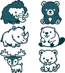 Obraz premium Ice Age Megafauna Mammoth Woolly Rhino and Giant Deer Flat Vector Icon Set 