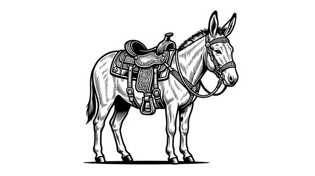 Donkey with western saddle monochrome art.