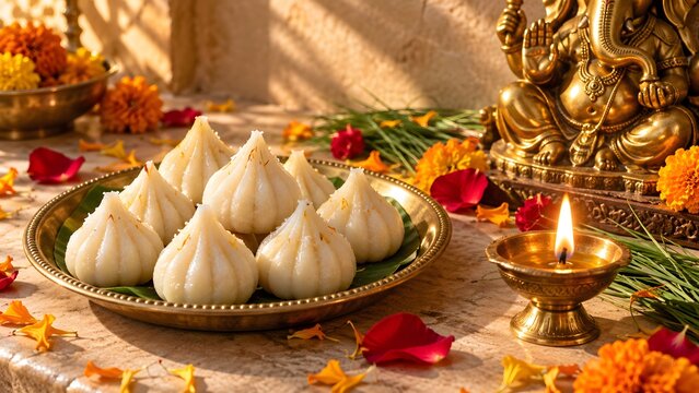 Traditional modak sweets offered to Lord Ganesha with glowing diya marigold flowers and festive puja decorations celebrating Ganesh Chaturthi Indian Hindu festival devotion and spirituality