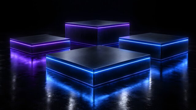 Futuristic Neon Glowing Platforms with Blue and Purple Light on Dark Reflective Background Abstract Cyber Technology Podiums for Product Display Gaming Sci Fi Showcase and Digital Presentation