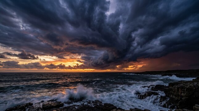 Stormy sky looms over churning ocean waves. Rocks jut from the sea, battered by crashing surf. Dramatic clouds glow with fiery sunset hues. Wind howls as thunder cracks overhead