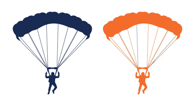 Parachutist silhouettes in blue and orange isolated on a white background