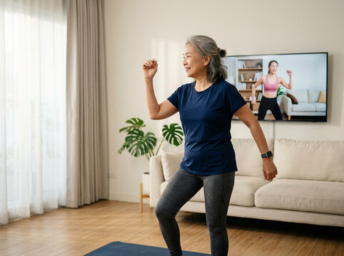 Active Senior Asian Woman Exercising at Home Following Online Workout Class on Television in Bright Living Room for Healthy Lifestyle and Vitality.