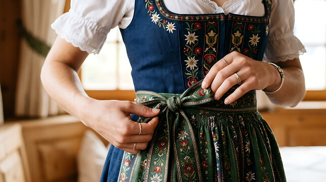 Womans hands tying the apron of a traditional Bavarian dirndl dress.