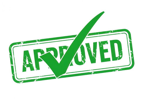 Green approved rubber stamp with check mark isolated on white background