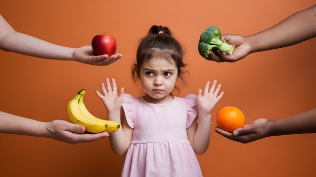 Young girl refusing fruits and vegetables offered by hands on orange background representing picky eating child nutrition healthy food choices balanced diet parenting and childhood eating habits