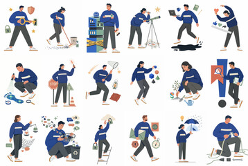 Fototapeta premium Collection of flat vector illustrations representing various business concepts and productivity tasks performed by professional characters in a modern corporate environment.