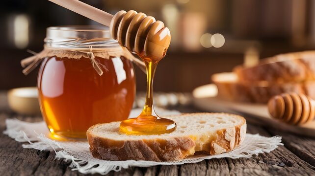 Golden honey dripping from wooden dipper onto fresh bread with glass jar on rustic table natural sweetener organic food healthy breakfast homemade nutrition and traditional beekeeping concept