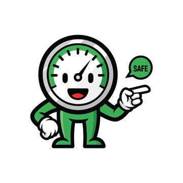Cartoon Speedometer Character Pointing Safe.