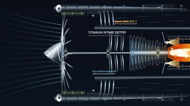 Detailed educational animation of a turbofan engine internal workings showing combustion process airflow compression stages fuel injection and turbine power extraction