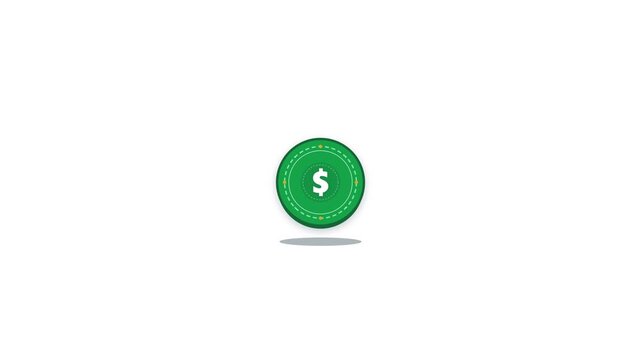 Flat green digital money coin icon with dollar sign symbol for financial transaction and business banking application user interface design