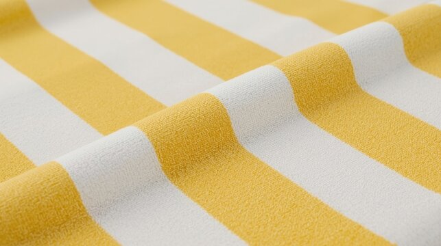 Yellow and white striped fabric with a slightly curved edge and smooth, glossy texture under focused lighting.