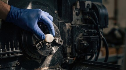 Fototapeta premium Gloved hand loads component into factory machine, sparks fly, industrial setting