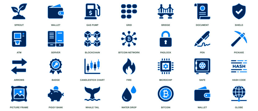 Cryptocurrency and digital technology icon collection in blue duotone style for blockchain network presentations.
