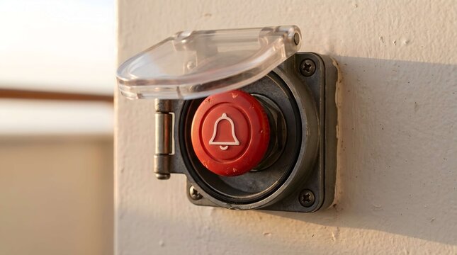 Red emergency alarm button with protective cover mounted on wall
